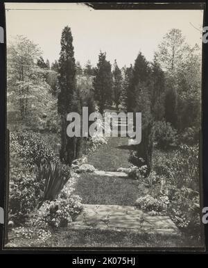 Mme Robt. Domaine de bacon Old Westbury, L.I., entre 1909 et 1927. Un chemin herbeux avec des marches de la roseraie à un sanctuaire de fleurs sauvages dans le domaine de Robert Low Bacon à Old Westbury, long Island, New York. Titre de l'élément. Fait partie de : la collection Frances Benjamin Johnston (Bibliothèque du Congrès). Exposition: "Groundbreakers: Great American Gardens et les femmes qui les ont conçus" à la bibliothèque LuEsther T. Mertz, New York Botanical Gardens, New York, New York, New York, New York, mai - octobre 2014. Banque D'Images