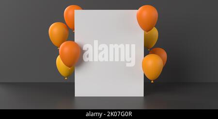 Carte blanche vierge Happy Halloween avec ballons volants orange. Bannière en ligne saisonnière, affiche de vente ou modèle d'invitation à une fête sur un sol sombre Banque D'Images