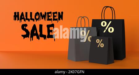 Texte de la promotion des grandes ventes pour Halloween, sacs de pourcentage en papier noir sur fond orange, espace de copie. Carte d'achat saisonnière, bannière Web, vente, remise Banque D'Images