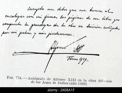 Signature d'Alfonso XIII sur le choix des lois des Indes. Alfonso XIII (17 mai 1886 - 28 février 1941), également connu sous le nom d'El Africano ou Africain, a été roi d'Espagne du 17 mai 1886 au 14 avril 1931, date à laquelle la deuxième République espagnole a été proclamée. Emile Francois Loubet (30 décembre 1838 - 20 décembre 1929) a été le 45th Premier ministre de la France de février à décembre 1892 et plus tard Président de la France de 1899 à 1906 Banque D'Images