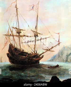 Christopher Columbus (né entre le 25 août et le 31 octobre 1451, décédé le 20 mai 1506) est un explorateur et navigateur italien qui a effectué quatre voyages à travers l'océan Atlantique, ouvrant la voie à l'exploration et à la colonisation européennes étendues des Amériques. Peinture montrant Columbus étant rasée à l'aube à Santa Maria juste avant de mettre la voile de Palos de la Frontera en Espagne Banque D'Images