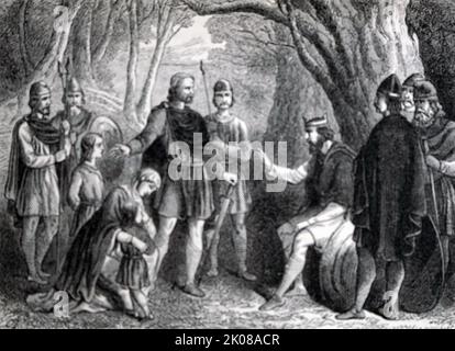 Alfred libérant la famille captive de Hastings. Alfred le Grand (alt. Ælfred 848/849 - 26 octobre 899) fut roi des Saxons occidentaux de 871 à c. 886 et roi des Anglo-Saxons de c. 886 jusqu'à sa mort en 899. Après avoir monté le trône, Alfred a passé plusieurs années à combattre les invasions viking Banque D'Images