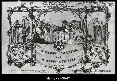 Carte de Noël de 1843, envoyée à Sir Henry Cole par l'artiste John Callcott Horsley. Sir Henry Cole FRSA (15 juillet 1808 - 18 avril 1882) était un fonctionnaire britannique et inventeur qui est reconnu pour avoir conçu le concept d'envoi de cartes de voeux, présentant la première carte de Noël commerciale au monde en 1843. John Callcott Horsley RA (29 janvier 1817 - 18 octobre 1903) est un peintre universitaire anglais de genre et de scènes historiques, illustrateur et concepteur de la première carte de Noël Banque D'Images