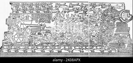 Scène de bataille des grands reliefs Kadesh de Ramsès II sur les murs du Ramesseum. Ramsès II (c. 1303-1213 av. J.-C.) était le troisième pharaon de la dix-neuvième dynastie d'Égypte. Le Ramesseum est le temple commémoratif (ou temple mortuaire) du Pharaon Ramsès II, situé dans la nécropole thébaine en haute-Égypte, à l'ouest du Nil Banque D'Images