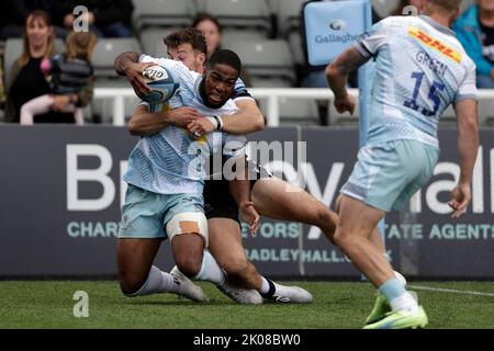 Le Lennox Anyanwu de Harlequins est attaqué par Adam Radwan de Newcastle Falcons lors du match Gallagher Premiership au stade de Kingston Park, à Newcastle. Date de la photo: Samedi 10 septembre 2022. Banque D'Images