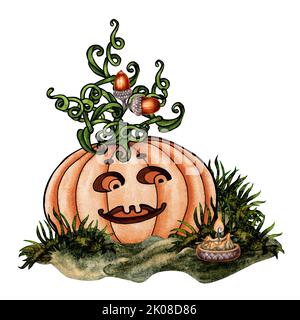Halloween aquarelle citrouille avec une bougie et des glands en chêne sur un pré vert avec de l'herbe. Illustration dessinée à la main. Elément isolé sur fond blanc. Banque D'Images