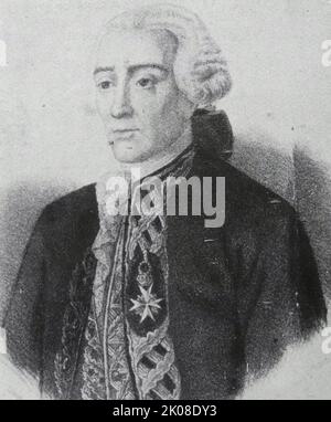 Jorge Juan y Santacilia (Novelda, Alicante, 5 janvier 1713 - Madrid, 21 juin 1773) était un mathématicien espagnol, scientifique, officier naval et marin. Il a déterminé que la Terre n'est pas parfaitement sphérique, mais qu'elle est oblongue, c'est-à-dire aplatie aux pôles. Juan a également mesuré avec succès les hauteurs des montagnes des Andes à l'aide d'un baromètre Banque D'Images