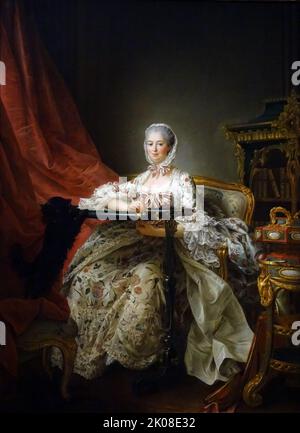 Madame de Pompadour à son cadre de Tambur, 1763-64 peinture de François-Hubert Drouais (Paris, 14 décembre 1727 - Paris, 21 octobre 1775) était un grand peintre français pendant les dernières années du règne de Louis XV Banque D'Images