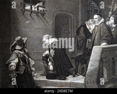 Thomas Wentworth, 1st comte de Strafford, KG (13 avril 1593 (NS) - 12 mai 1641) était un homme d'État anglais et une figure majeure dans la période qui a précédé la guerre civile anglaise. Il a servi au Parlement et a été un partisan du roi Charles I. il est devenu un conseiller principal du roi, essayant de renforcer la position royale contre le Parlement. Lorsque le Parlement a condamné Wentworth à mort, Charles a signé le mandat de mort à contrecœur et Wentworth a été exécuté. Lord Strafford sur son chemin vers l'exécution. Dessin noir et blanc Banque D'Images