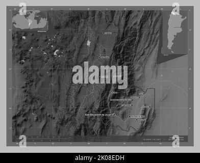 Jujuy, province d'Argentine. Carte d'altitude en niveaux de gris avec lacs et rivières. Lieux et noms des principales villes de la région. Emplacement auxiliaire d'angle Banque D'Images