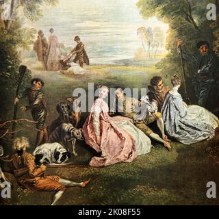 Le rendez-vous de chasse, c1720 par Jean-Antoine Watteau (baptisé 10 octobre 1684 - décédé 18 juillet 1721) était un peintre et dessinateur français dont la brève carrière a stimulé la renaissance de l'intérêt pour la couleur et le mouvement, comme le montre la tradition de Correggio et Rubens Banque D'Images