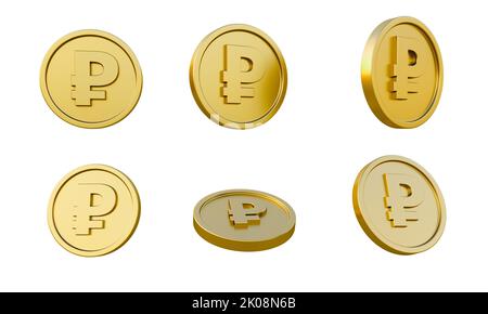 Ensemble de pièces d'or avec symbole de devise russe rouble ou illustration du symbole 3D, rendu minimal de 3D. Banque D'Images