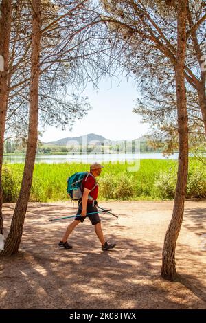 Pèlerin randonnée à travers le parque de la Grajera tout en marchant le Camino de Santiago le chemin de St James entre Logrono et Navarrete Rioja Espagne Banque D'Images