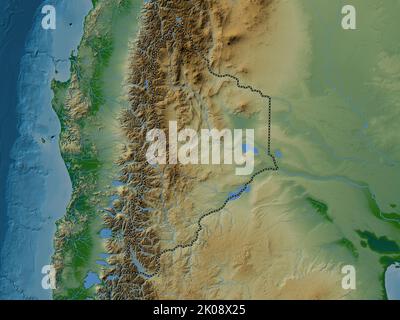 Neuquen, province d'Argentine. Carte d'altitude en couleur avec lacs et rivières Banque D'Images