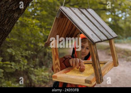 un garçon du parc d'automne nourrit les oiseaux avec un mangeoire à noix Banque D'Images