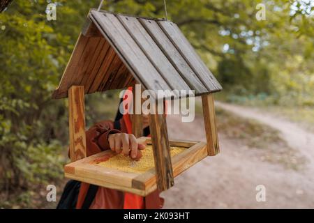 un garçon du parc d'automne nourrit les oiseaux avec un mangeoire à noix Banque D'Images