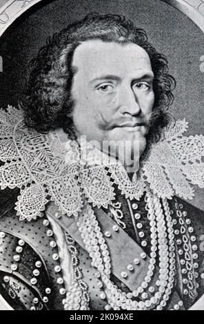 George Villiers, 1st duc de Buckingham, d'un tableau de Mirévélateur. George Villiers, 1st duc de Buckingham, KG (28 août 1592 - 23 août 1628), était un courtier anglais, homme d'État et protecteur des arts. Il était un favori et peut-être aussi un amant du roi Jacques Ier d'Angleterre. Buckingham est resté à la hauteur de la faveur royale pendant les trois premières années du règne du fils de James, le roi Charles Ier, jusqu'à ce qu'un officier de l'armée mécontent l'assassine. Banque D'Images