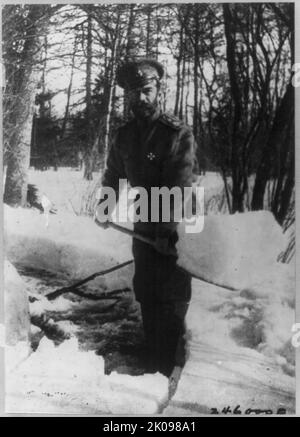 L'empereur Nicholas II a pelé de la neige dans le parc de Tsarskoe Selo, en Russie, où lui et la famille royale ont été internés, 1917. Nicolas II ou Nikolai II Alexandrovitch Romanov (6 mai] 1868 - 17 juillet 1918), connu dans l'Eglise orthodoxe russe sous le nom de Saint Nicolas le porteur de la passion, était le dernier empereur de Russie, roi du Congrès de Pologne et grand-duc de Finlande, Décision du 1 novembre 1894 jusqu'à son abdication le 15 mars 1917. Banque D'Images