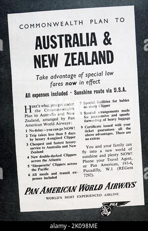 Plan du Commonwealth pour l'Australie et la Nouvelle-Zélande. Publicité pour Pan American World Airways pour des vols réduits vers l'Australie et la Nouvelle-Zélande. Banque D'Images