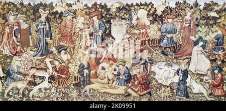 Le contexte joyeux de la vie de pays. La tapisserie de chasse de Hardwick qui, à une époque, était accrochée à la long Gallery à Hardwick Hall, dans le Derbyshire. Banque D'Images