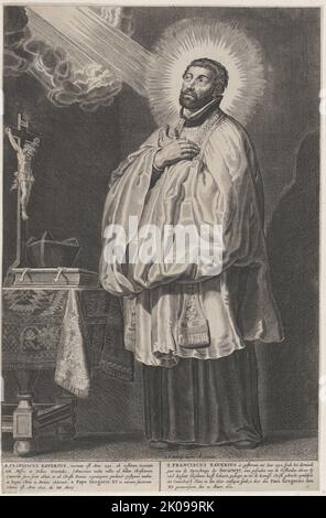 Saint François Xavier avec une lumière divine émanant de lui en haut à gauche, avec un crucifix, un onglet et un livre sur une table à gauche, 1622. Banque D'Images