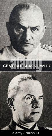 Général Blaskowitz. Johannes Albrecht Blaskowitz (10 juillet 1883 - 5 février 1948) était un général allemand pendant la Seconde Guerre mondiale et récipiendaire de la Croix de Chevalier de la Croix de fer avec des feuilles de chêne et des mots. Blaskowitz a dirigé l'armée de 8th pendant l'invasion de la Pologne et a été commandant en chef de la Pologne occupée de 1939 à 1940; Il avait rédigé plusieurs mémorandums pour le Haut Commandement allemand pour protester contre les atrocités de la SS et prononcé des condamnations à mort pour crimes contre la population civile. Il a été congédié, puis nommé à nouveau. Après la guerre, il a été accusé de CR de guerre Banque D'Images