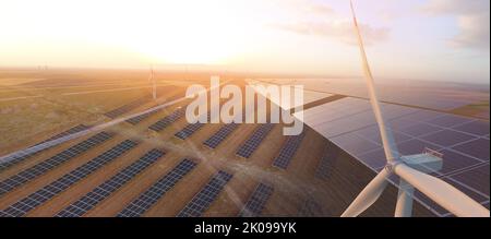 Collage avec panneaux solaires et moulins à vent sur le terrain. Technologie verte Banque D'Images