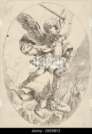 L'archange ailé Saint Michel tenant une épée et debout sur la tête du diable, qui descend en enfer, une composition ovale, après Reni, 1600-1640. Banque D'Images