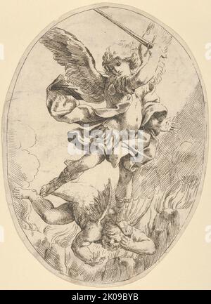 L'archange ailé Saint Michel tenant une épée et debout sur la tête du diable, qui descend en enfer, une composition ovale, après Reni, 1600-1640. Banque D'Images