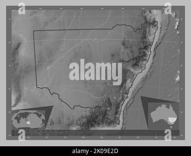 Nouvelle-Galles du Sud, État de l'Australie. Carte d'altitude en niveaux de gris avec lacs et rivières. Cartes d'emplacement auxiliaire d'angle Banque D'Images