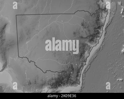 Nouvelle-Galles du Sud, État de l'Australie. Carte d'altitude en niveaux de gris avec lacs et rivières Banque D'Images