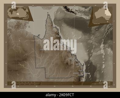 Queensland, État de l'Australie. Carte d'altitude colorée en tons sépia avec lacs et rivières. Lieux et noms des principales villes de la région. Coin Banque D'Images