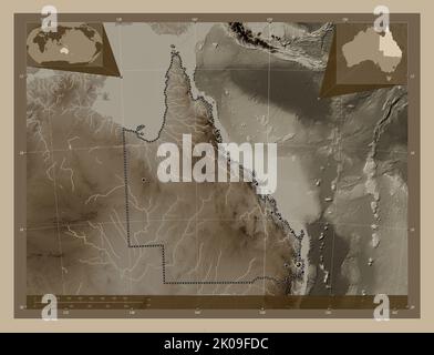 Queensland, État de l'Australie. Carte d'altitude colorée en tons sépia avec lacs et rivières. Lieux des principales villes de la région. Coin auxiliaire Banque D'Images