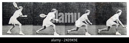 Jean Nicoll, joueur de tennis, fait une démonstration de conduite à main levée. Séquence photo du tracé d'une conduite à main levée en tennis. Banque D'Images