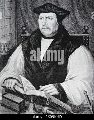 Matthew Parker (6 août 1504 - 17 mai 1575) était un évêque anglais. Il fut archevêque de Canterbury dans l'Église d'Angleterre de 1559 jusqu'à sa mort en 1575. Il était également un théologien influent et sans doute le co-fondateur (avec un ancien archevêque de Canterbury, Thomas Cranmer, et le théologien Richard Hooker) d'une tradition distinctive de la pensée théologique anglicane. Banque D'Images