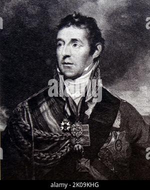 Arthur Wellesley, 1st duc de Wellington, KG, GCB, GCH, PC, Le FRS (1 mai 1769 - 14 septembre 1852) était un soldat anglo-irlandais et un homme d'État conservateur, qui était l'un des principaux militaires et politiques de la Grande-Bretagne du 19th siècle, servant deux fois comme Premier ministre. Il est l'un des commandants qui a gagné et mis fin aux guerres napoléoniennes lorsque la coalition a vaincu Napoléon à la bataille de Waterloo en 1815. Banque D'Images