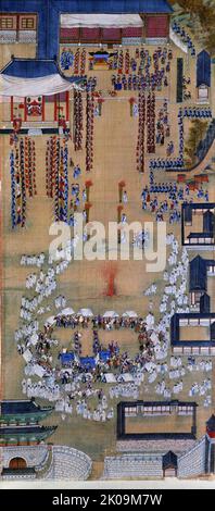 Procession de huit jours menée par le roi Jeongjo. King tir flèches au Pavillon Deukjung. La procession du roi Jeongjo avec sa mère, Lady Hyegyeonggung Hong, plus tard la reine Heongyeong, à l'occasion de son anniversaire de 60th en 1795, sur la tombe de son père, le prince héritier Sado. Jeongjo de Joseon (28 octobre 1752 22nd - 18 août 1800) était le souverain de la dynastie Joseon de Corée (r. 1776-1800). Banque D'Images