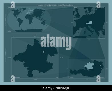Oberosterreich, État d'Autriche. Schéma montrant l'emplacement de la région sur des cartes à plus grande échelle. Composition de cadres vectoriels et de formes PNG sur un SO Banque D'Images