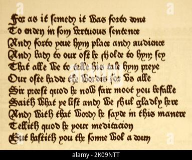 Les Canterbury Tales. Illustration et texte, imprimé par William Caxton en 1476. William Caxton (c. 1422 - c. 1491) était un marchand, un diplomate et un écrivain anglais. Il est considéré comme la première personne à introduire une presse à imprimer en Angleterre, en 1476, et en tant qu'imprimeur a été le premier détaillant anglais de livres imprimés. Banque D'Images