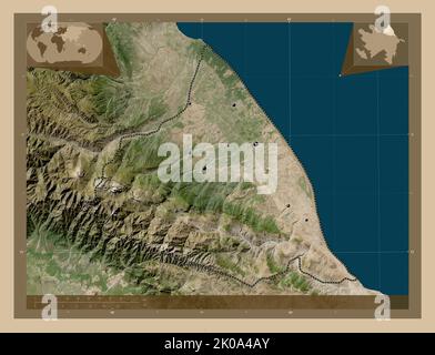 Quba-Khachmaz, région de l'Azerbaïdjan. Carte satellite basse résolution. Lieux des principales villes de la région. Cartes d'emplacement auxiliaire d'angle Banque D'Images