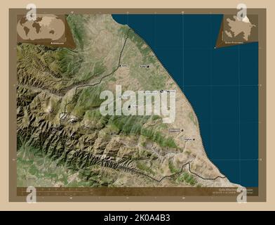 Quba-Khachmaz, région de l'Azerbaïdjan. Carte satellite basse résolution. Lieux et noms des principales villes de la région. Cartes d'emplacement auxiliaire d'angle Banque D'Images