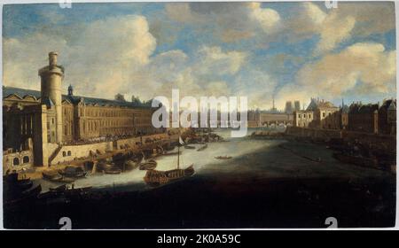 Grande Galerie du Louvre, avec nouvelle porte, le Pont-neuf, la ville, le Collège des quatre-Nations en construction et le quai Malaquais, vers 1665. Sur la Seine, la galère royale. Banque D'Images