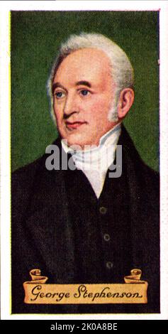 George Stephenson (9 juin 1781 - 12 août 1848) était un ingénieur civil et mécanique anglais. Célèbre comme le « Père des chemins de fer », la jauge de rail choisie par Stephenson, parfois appelée « jauge de tephenson », a servi de base à la jauge standard de 4 pieds 8+1/2 pouces (1,435 m) utilisée par la plupart des chemins de fer du monde Banque D'Images