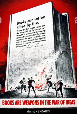 Une affiche américaine de la guerre dénonçant le livre nazi Burning in Germany, 1941. Les burnings nazis de livre ont été une campagne menée par l'Union des étudiants allemands pour brûler des livres en cérémonie en Allemagne nazie et en Autriche en 1930s. Les livres destinés à brûler étaient ceux qui étaient considérés comme subversifs ou comme représentant des idéologies opposées au nazisme. Banque D'Images