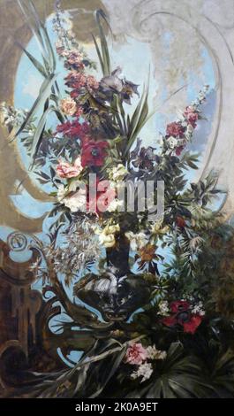 Bouquet décoratif de fleurs, 1884. Huile sur toile, par Hans Makart. Hans Makart (28 mai 1840 - 3 octobre 1884) est un peintre, concepteur et décorateur d'histoire académique autrichien de 19th ans. Il est surtout connu pour son influence sur Gustav Klimt et d'autres artistes autrichiens, mais à son époque, il a été considéré lui-même comme un artiste important dans la haute culture de Vienne Banque D'Images
