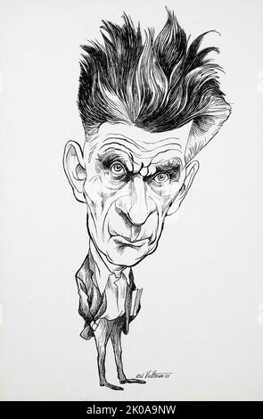 Samuel Beckett par Edmund S. Valtman, 1969. Caricature de Samuel Barclay Beckett (13 avril 1906 - 22 décembre 1989) romancier irlandais, dramaturge, auteur de courts-récits, directeur de théâtre, poète, Et traducteur littéraire, lauréat du prix Nobel et auteur de la pièce internationalement acclamée en attente de Godot. Jamais fan de la vie publique, Beckett a choisi de s'immerger dans la théologie, la littérature et la philosophie Banque D'Images