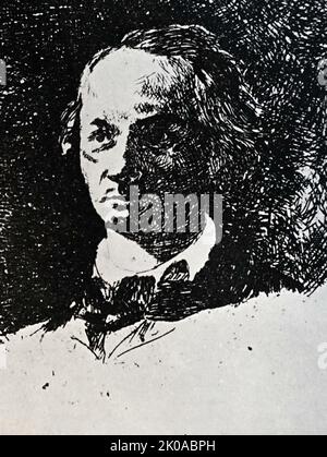 Portrait de Baudelaire par Nadar, 1859. Charles Pierre Baudelaire (9 avril 1821 - 31 août 1867) est un poète français qui a également produit un travail remarquable en tant qu'essayiste et critique d'art. Gaspard-Felix Tournachon (5 avril 1820 - 20 mars 1910), connu sous le pseudonyme de Nadar, était un photographe français, caricaturiste, journaliste, romancier et montgolfière Banque D'Images