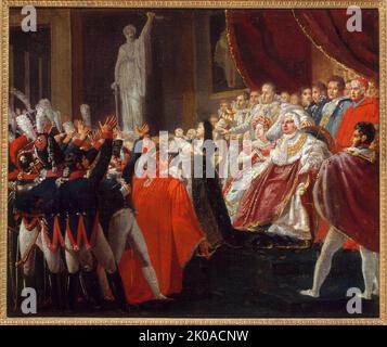 H.R.H. Monseigneur le duc de Bordeaux a présenté au peuple et à l'armée par H.R.M. Madame la Duchesse de Berry, le Roi sur son trône entouré par la famille royale et les principales personnalités de l'État. Banque D'Images