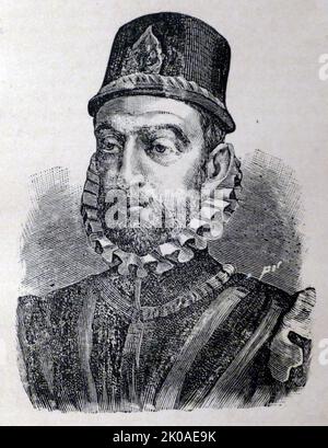 Philippe II (21 mai 1527 - 13 septembre 1598), également connu sous le nom de Philippe le prudent (espagnol: Felipe el Prudente), fut roi d'Espagne de 1556, roi du Portugal de 1580, et roi de Naples et de Sicile de 1554 jusqu'à sa mort en 1598. Il fut aussi jure uxoris roi d'Angleterre et d'Irlande depuis son mariage avec la reine Marie I en 1554 jusqu'à sa mort en 1558. Il a également été duc de Milan de 1540. À partir de 1555, il fut seigneur des dix-sept provinces des pays-Bas Banque D'Images