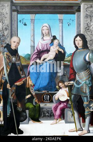 Vierge à l'enfant flanquée de saints Benoît et Quentin, 1500-05. Musée du Louvre, originaire de San Quintino, Parme. Par Francesco Marmitta (env. 1460-1505) un peintre et bijoutier italien Banque D'Images